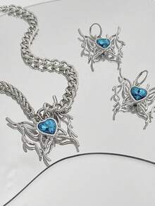 1套仿藍寶石鑲嵌的心形蝴蝶項鍊和耳環,甜美又時髦的女孩配件 - 銀色 - 查看 2