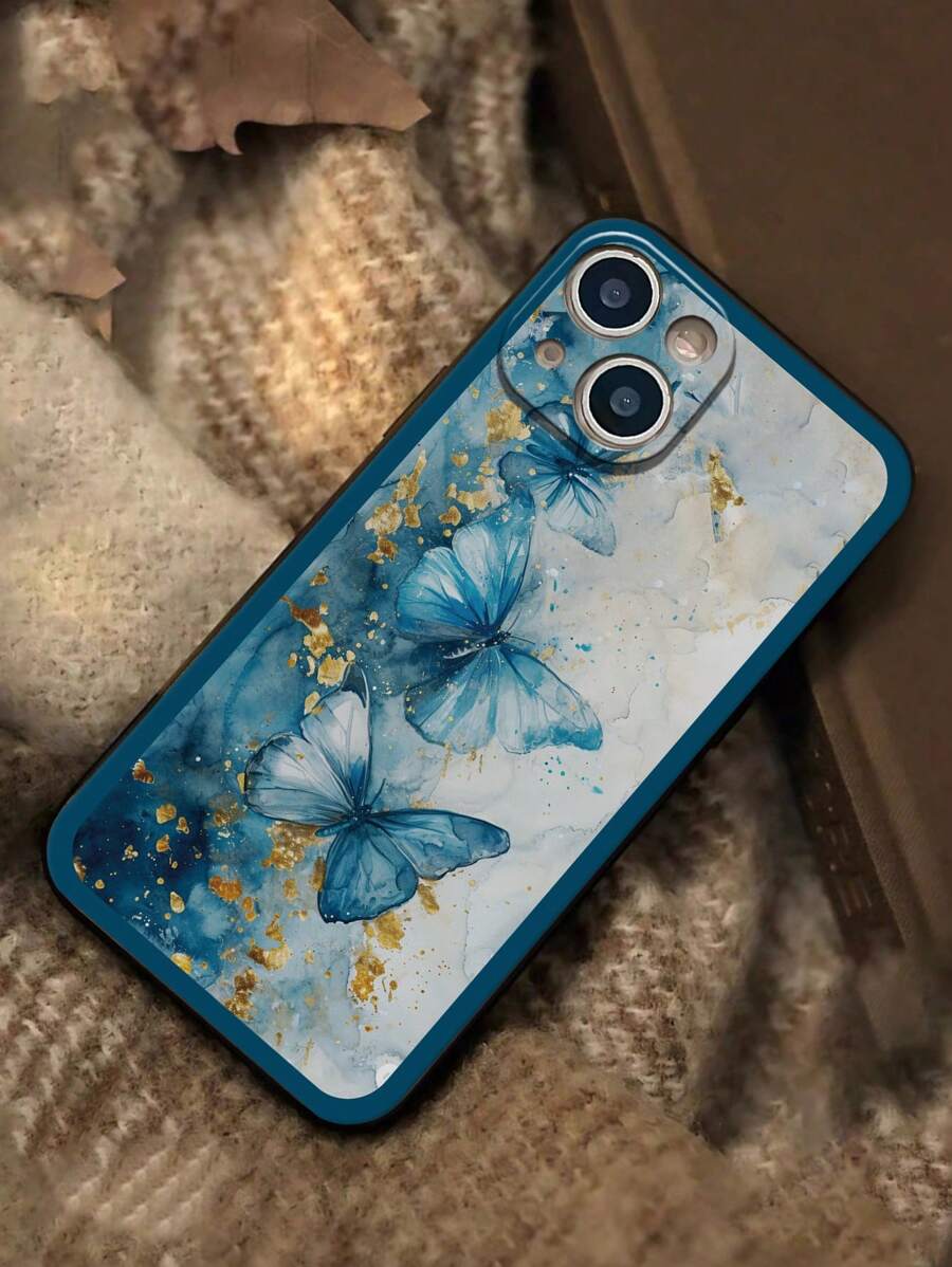 1 Stück Blau Marmor Korn Drei Schmetterlingsmuster, Präzisionsloch Und Gemalte Grenze Telefonhülle Kompatibel Mit P14promax, P13cartoons, P11paint, P12anti-fall, Xrcartoons, 78ges2, Xsp15, Samsung A03s, A03core, A04, A12, A13, A14, A21s, A22, A23, A24, A32, A33, A34, A5, A51, A52, A53, A54, A71, A72, A73, S20fe, S21, S22, Xiaomi Und Redmi Serie Wie Redmi 9, Redmi 9a, Redmi 10a, Redmi 10c, Redmi Note9, Redmi Note10, Redmi Note11, Redmi Note12, Redmi 12 Und Redmi 12c