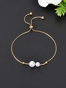 1pc Elegant Faux Pearl Decor Gold Chain Adjustable Bracelet For Women Party Daily Jewelry