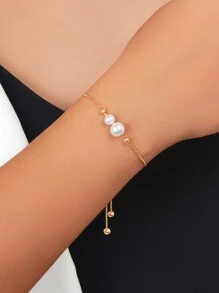 1pc Elegant Faux Pearl Decor Gold Chain Adjustable Bracelet For Women Party Daily Jewelry