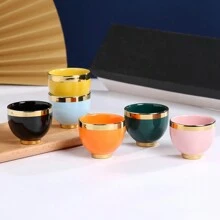 6pcs/Set Rainbow Colored Ceramic Cups, Arabic Espresso Cup/Tea Cup/Drinkware/Coffee Cup, Gold Trim, 100ml Capacity, Creative Gift Packaging - 6 Colored Gold Cup Rims - View 3