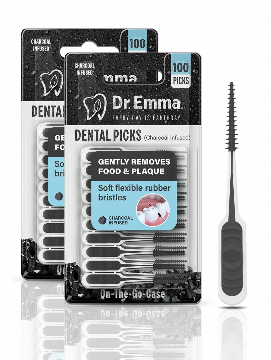 Dr. Emma 100Ct/Pack Dental Picks Charcoal Brush Picks 100Ct/Pack, Tooth Picks, Teeth Cleaning Tool - 黑與白 - 查看 1