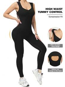 Yefecy 女士收腹高弹力镂空露背瑜伽连体衣塑身衣 - 黑色 - 查看 1