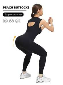 Yefecy 女士收腹高弹力镂空露背瑜伽连体衣塑身衣 - 黑色 - 查看 4