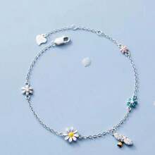 925 纯银花卉和蜜蜂手链，甜美雏菊花形设计，镶嵌方晶锆石，是送给家人和朋友的优雅礼物 - 銀色 - 查看 2