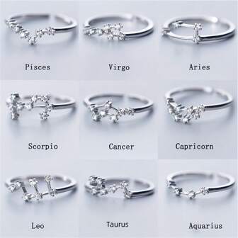 New Korean Fashion Jewelry Copper Micro-Inlaid Zirconia Adjustable 12 Zodiac Sign Rings, Virgo, Libra, Leo, Pisces, Silver Jewelry, New Year, Valentine's Day, Mother's Day, Father's Day Gifts