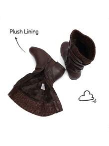 Girl's Knee High Boots With Knit Upper, Winter Riding Style Boots For Little & Big Kid,Runs Small Recommend Wide Feet Order One Size Up - 棕色 - 查看 8