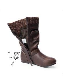 Girl's Knee High Boots With Knit Upper, Winter Riding Style Boots For Little & Big Kid,Runs Small Recommend Wide Feet Order One Size Up - 棕色 - 查看 5