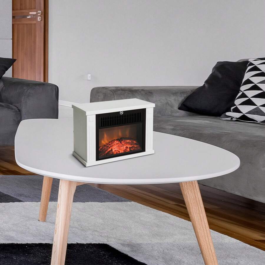 HOMCOM Portátil Mini Estufa Eléctrica Calefactor Chimenea Pequeña Termostato Ajustable 600/1200W Llama Decorativa 34x17x25cm - Blanco - Ver 1