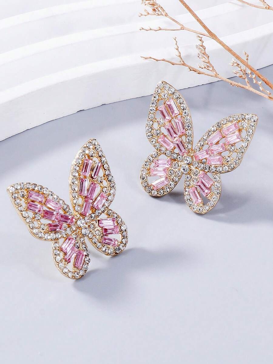 juran 1 對蝴蝶形水鑽裝飾耳環 - 粉色 - 查看 1