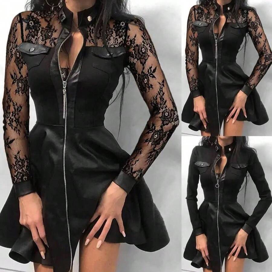 Vestido encaje vinipiel negro  unitalla - Negro - Ver 1