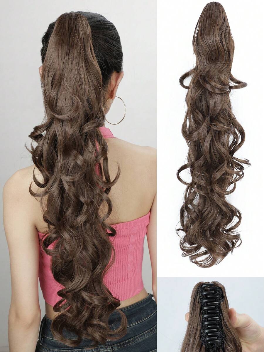 马尾辫接发，爪夹马尾接发，多层长波浪卷发马尾辫夹式假发，柔软天然合成假发，适合女性日常使用（深棕色） - Dark Brown - 查看 1