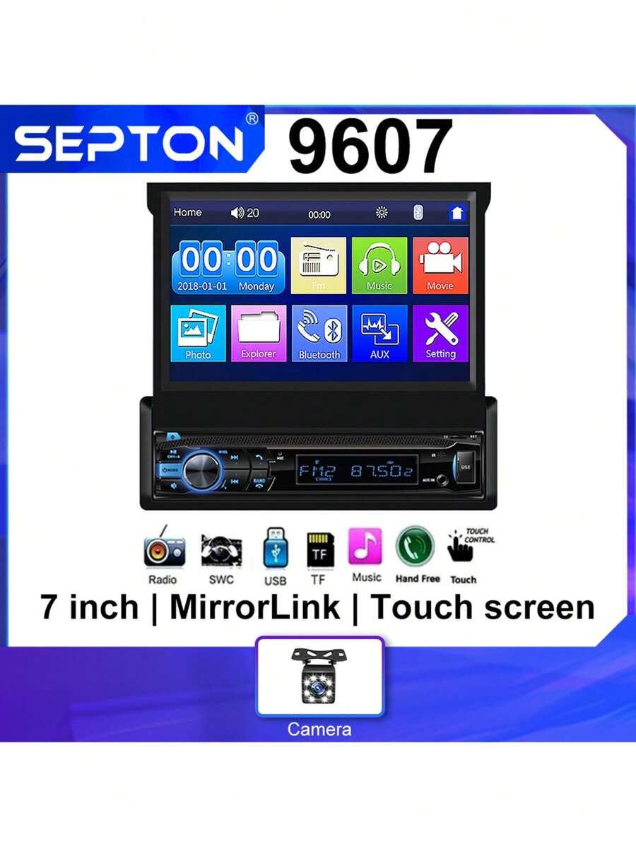 1入組SEPTON MP5 1 DIN 7英寸車用立體聲收音機高清觸控屏幕通用自動伸縮，支援FM/TF/USB+後置攝像頭，車載收音機MP5多媒體影音播放器 - 軍綠色 - 查看 1