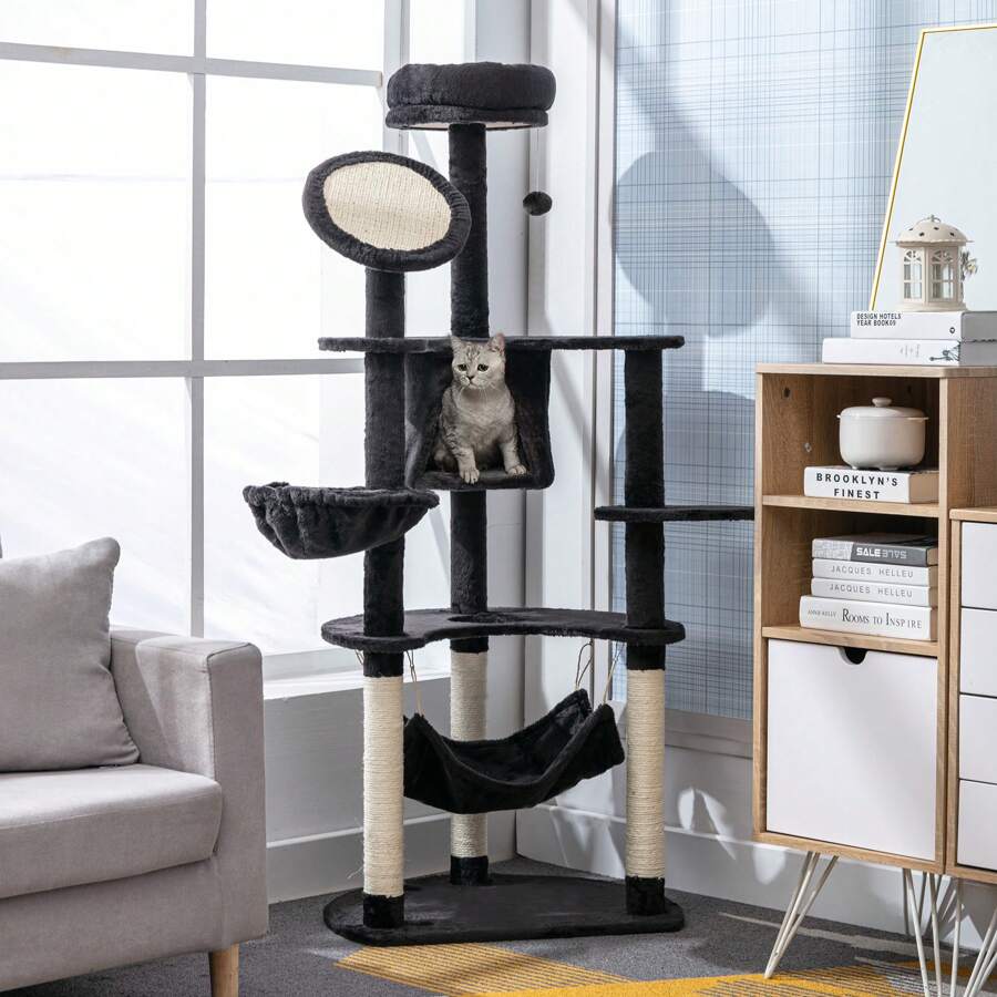 PawHut Árbol Rascador para Gatos Grande Altura 153 cm Torre Escalador de Gato con Cueva Hamacas Plataformas Tablero Postes Rascadores de Sisal y Bola Colgante - Gris Claro - Ver 1