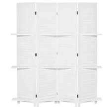 HOMCOM Biombo Separador de Madera de 4 Paneles Divisor de Habitaciones Plegable con 3 Estantes Extraíbles Diseño Persiana para Dormitorio Oficina 160x170 cm Blanco - Blanco - Ver 3