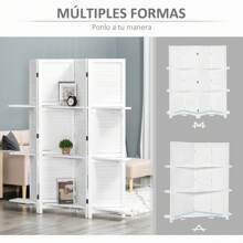 HOMCOM Biombo Separador de Madera de 4 Paneles Divisor de Habitaciones Plegable con 3 Estantes Extraíbles Diseño Persiana para Dormitorio Oficina 160x170 cm Blanco - Blanco - Ver 7
