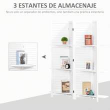 HOMCOM Biombo Separador de Madera de 4 Paneles Divisor de Habitaciones Plegable con 3 Estantes Extraíbles Diseño Persiana para Dormitorio Oficina 160x170 cm Blanco - Blanco - Ver 6