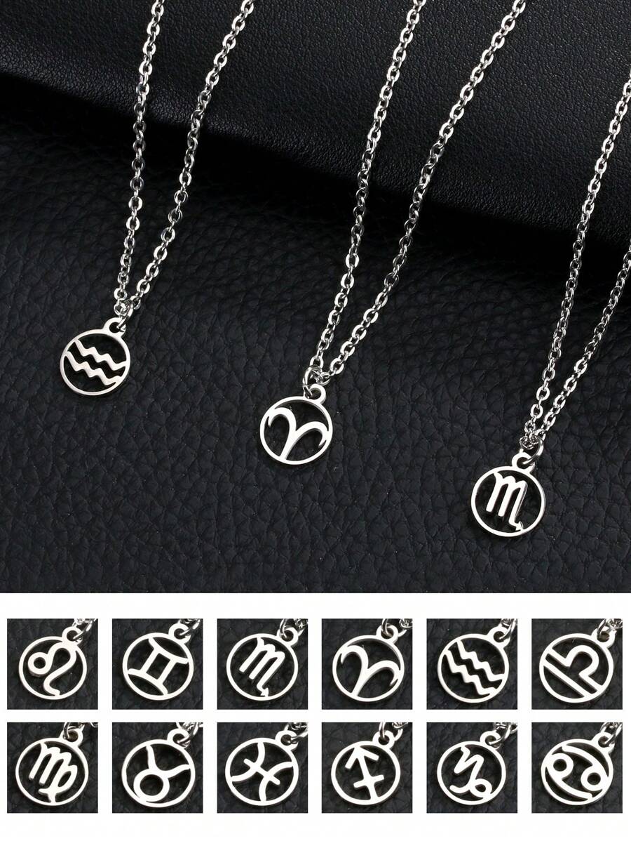 1pc Zodiac Sign Optional Titanium Steel Pendant Necklace, Double Sided Polished Stainless Steel Sweater Chain - Twelve Zodiac Signs - View 1