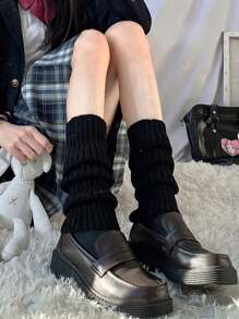 1雙純色針織腿暖器，JK風格過膝腿暖器，Lolita大腿高腿暖器 - 黑色 - 查看 2