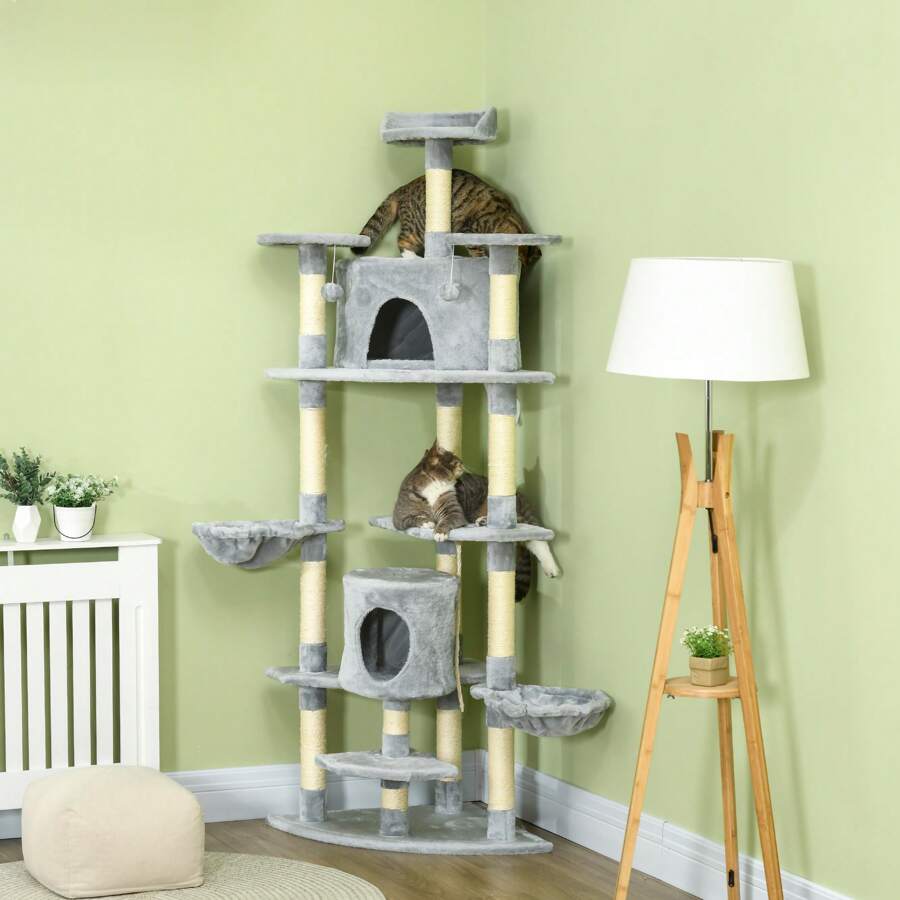 PawHut Árbol Rascador para Gatos Grande 60x60x200 cm con 2 Cuevas 2 Hamacas Cama Múltiples Plataformas Postes Rascadores de Sisal Natural y Bolas de Juguete Gris