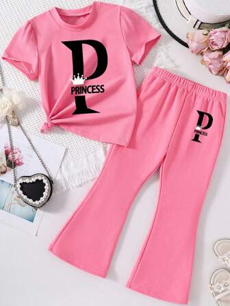 青少女字母印花短袖T恤和喇叭褲