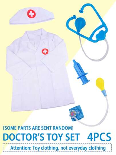 儿童医生和护士角色扮演白色 4 件套（长袖实验室外套 + 听诊器 + 注射器 + 血压计）医疗角色扮演玩具套件，适合男孩和女孩，年龄 3-6 岁，装扮玩具，儿童玩具套装，玩耍，玩具>男孩，玩具医生，玩具，医生，医生玩具，医生套装