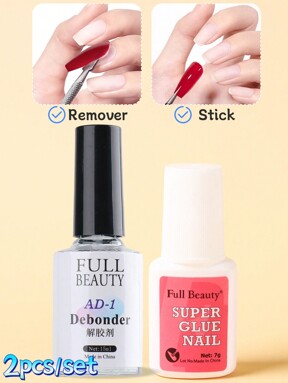 2pcs/Set Transparent False Nail Glue Polish +Nail Glue Debonder(Remover Fast Dissolve Liquid),False Nail Tips Adhesive With Brush,Extension And Reinforcement Adhesive Decoration Gel Quick Drying Manicure Tool Adhesive Remover Set