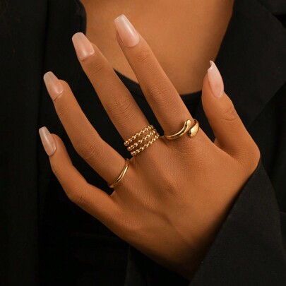 Conjunto De 3 Anéis Ajustáveis De Aço Inoxidável Banhados A Ouro No Formato De Gota De Água