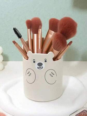 1 Stück Weißer Bärenförmiger Make-up Pinsel Aufbewahrungsrohr Mit Staubdichtem Deckel, Großer Kapazität Eitelkeits-tisch Desktop-organizer Für Kosmetikpinsel
