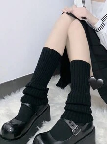 1雙純色針織腿暖器，JK風格過膝腿暖器，Lolita大腿高腿暖器 - 黑色 - 查看 3