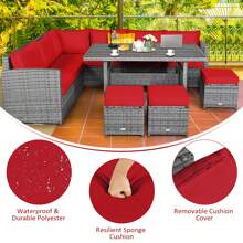 7 PCS Patio Rattan Dining Set Sectional Sofa Couch Ottoman Garden White\Red\Black - Đỏ - Xem 6