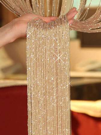 1pc Champagne Tassel Curtain, Modern Glitter Detail Tassel Curtain For Home Background Decoration
