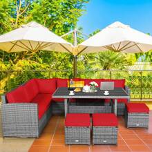 7 PCS Patio Rattan Dining Set Sectional Sofa Couch Ottoman Garden White\Red\Black - Đỏ - Xem 4