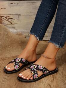 Summer Fashionable & Casual & Comfortable Women's Flat Slippers For Home, With Round Toe - Black - View 3