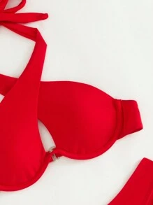 Cross Halter Underwire Bikini Set Summer - Red - View 4