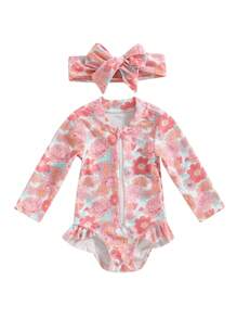 Toddler Baby Girl One-Piece Swimsuit Floral Print Zipper Long Sleeve Ruffled Swimwear Bathing Headban Suit