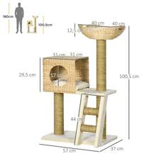 PawHut Árbol Rascador para Gatos Medianos Altura 100,5 cm Torre para Gatos con Cama Superior y Cueva de Totora 2 Cojines 2 Postes Escalera 57x37x100,5 cm Natural - Beis - Ver 8