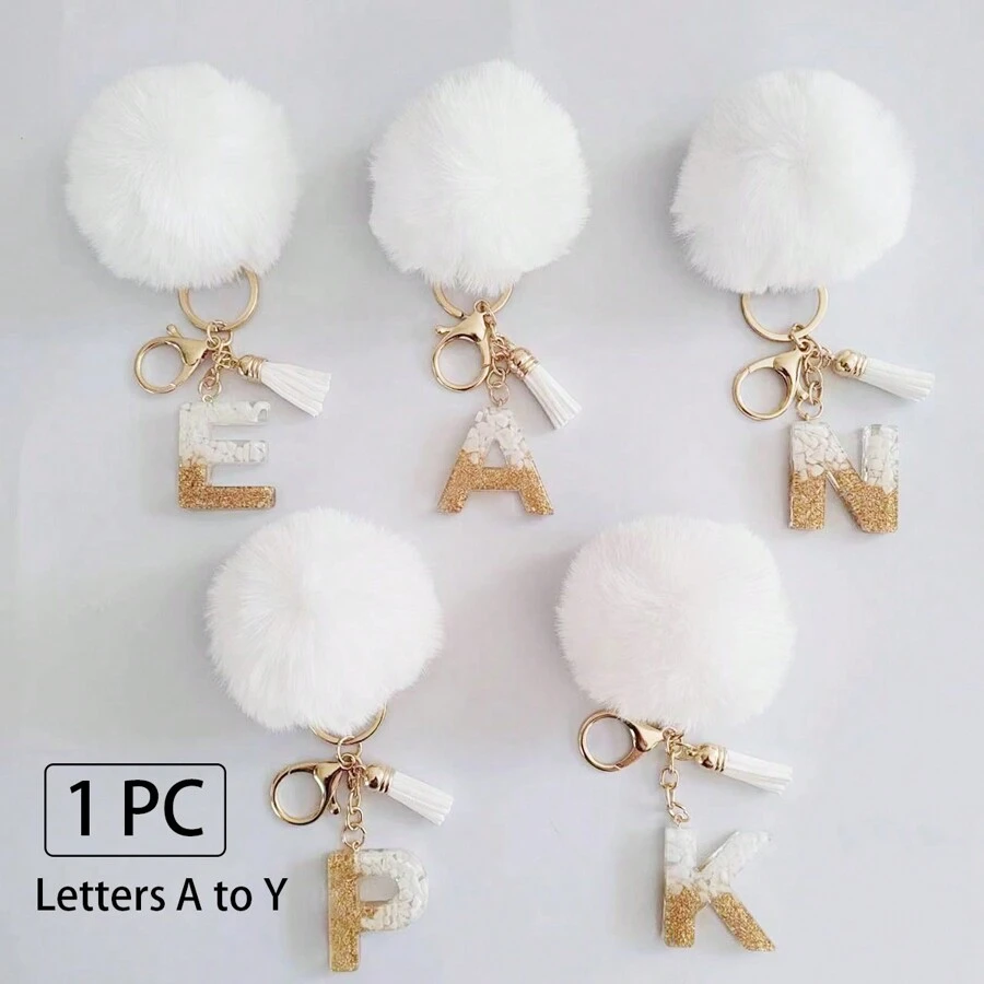 1 Pc Alphabet Initial Letter Keychain Cute Plush Key Chain Cute Sequins Resin Key Chain Ring Bag Backpack Charm Car Hanging Pendant Women Girls Gift Wallet And Handbag Accessories Keychain With Tassels Alphabet Initial Letter A-Y Plush Keychain