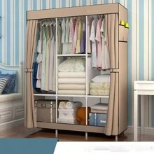 Portable Wardrobe Closet, Bedroom Clothes Organizer Cabinet With Hanging Rack For Home, Easy Assembly, 1pc Random Color (Coffee/Red Wine) - Coffee Brown - View 2