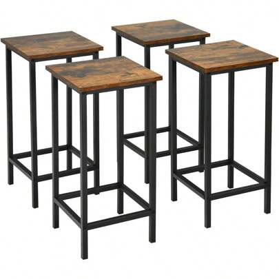 Zestaw 4 hokerów barowych z podnóżkiem, hoker industrialny, hoker bistro z matą antypoślizgową, wykonane z drewna i rury żelaznej, do salonu, jadalni, klubu, pubu, kolor czarny + brązowy