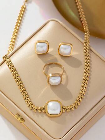 3 st/set Fashionabel Rostfritt Stål Vete Kedja Fyrkant Hänge Uppsättningar Med Pärldekorationer & Motsvarande Örhängen Och Ring , Perfekt För Kvinnors Dagligt slitage , Datekväll Och Presenter