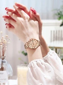 1件女士玫瑰金不锈钢表带时尚优雅石英表，带日历、星期显示、防水功能，适合作为送给女朋友的礼物 - 玫瑰金 - 查看 3