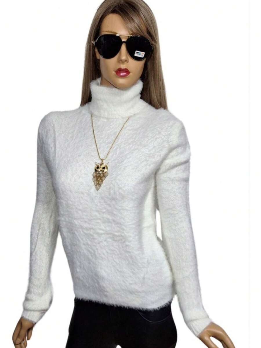 Suéter Tejido Casual Estambre Mujer Cuello Ruso Alto Dama - Blanco - Ver 1