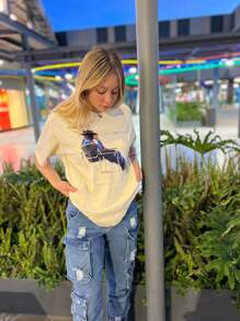 Oversized T-Shirt With Fashion Print BadBu Nobody Knows Sitting Cowboy - Champagne - View 1