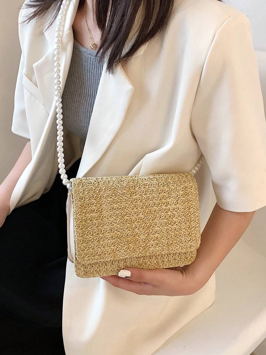 2024 New Summer Women's Niche Design Woven Bag With Pearl Chain Strap