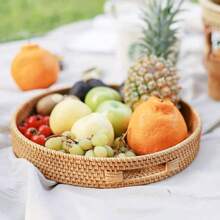 1pc Circular Handmade Wicker Tray, Japan-Style Fruit Plate With Handle And Storage Basket, Storage Basket, Wood Handle Tray, Bread Fruit Cake Serving Platter, Household Tray,Kitchen,Christmas Gift - Brown - View 2
