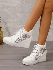 Mesh High-Top Women's Shoes, Invisible Height Increasing Casual Lace-Up Round Toe Sneakers, White, Spring/Autumn (Run Small By One Size)