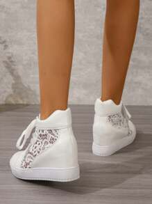 Mesh High-Top Women's Shoes, Invisible Height Increasing Casual Lace-Up Round Toe Sneakers, White, Spring/Autumn (Run Small By One Size)