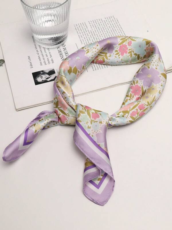 1PC Ladies Boho Florals Print Square Scarf Elegant Lilac Neckerchief Bandana Women Satin Head Scarf Hair Accessories Bandana,Hair Band,Head Band Ideal For Dressing Up Your Look Valentine's Day Valentines