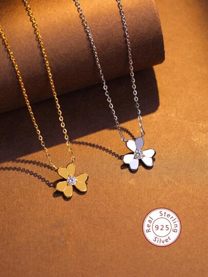 1pc 925 Sterling Silver Cute & High-End Daisy Pendant Necklace With Cubic Zirconia For Teenage Girls' Daily Wear, Vacation, Birthday Gift, Accessory